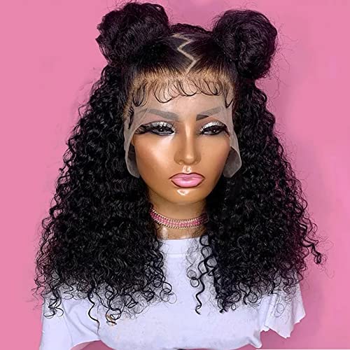 ANDRIA Short Bob Curly Lace Front Wigs Natural Black Loose Curly Glueless Lace Wig Synthetic Heat Resistant Fiber Hair Wig With PrePlucked Hair Line For Black Women 14 Inches